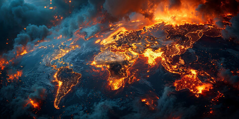 Dark world map, full covered with oil, carbon and smoke, burned and destroyed by fire, abstract conceptual illustration of global warming and environmental disaster on Earth
