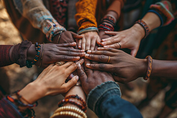 A close up of a diverse group of hands forming a circle symbolizing unity and collaboration. Ai generated. Ai generated