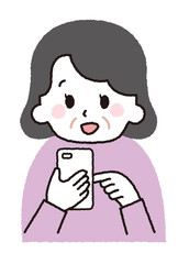 スマホを操作する老人。おばあちゃんのイラスト。