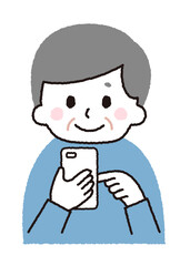 スマホを操作する老人。おじいちゃんのイラスト。