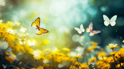 Fototapeta na wymiar Abstract natural spring background with butterflies and light multi-colored yellow dark meadow flowers close-up.