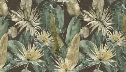 tropical background seamless border luxury wallpaper pattern texture vintage green and beige banana leaves palms jungle hand painted watercolor 3d illustration dark premium mural glam cloth