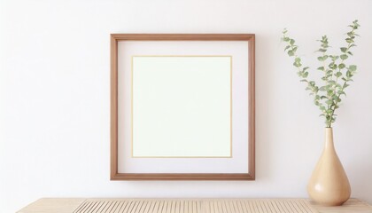 square wooden frame with poster mockup on the white wall front view 3d rendering