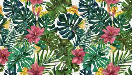 tropical exotic seamless pattern with woman monstera hibiscuc bromeliad banana leaves palm colocasia hand drawn 3d illustration good for production wallpapers cloth and fabric printing