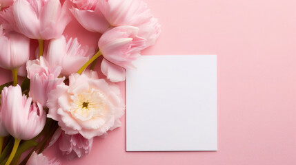 Pink tulips and blank card with handwritten text on pink background