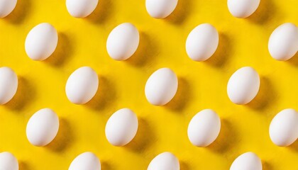 white eggs pattern on a yellow background full frame of white chicken eggs top view