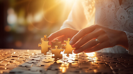 person putting puzzle into pieces, hand holding puzzle piece, Businesswoman hand connecting jigsaw puzzle front view , Ai generated image