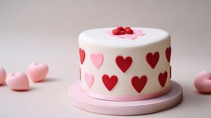 Obraz na płótnie Canvas A white fondant-covered cake with red and pink hearts, adorned with a cluster of red candies on top, placed on a pink stand against a neutral background.
