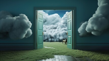 Surreal open door to a bright cloudy sky