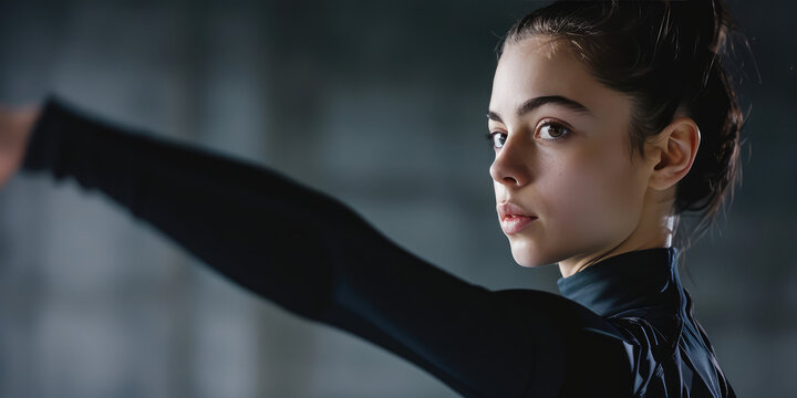 Portrait of a young female athlete showing position, cropped image. Professional sports gymnast, rhythmic gymnastics, sports clothes for training.