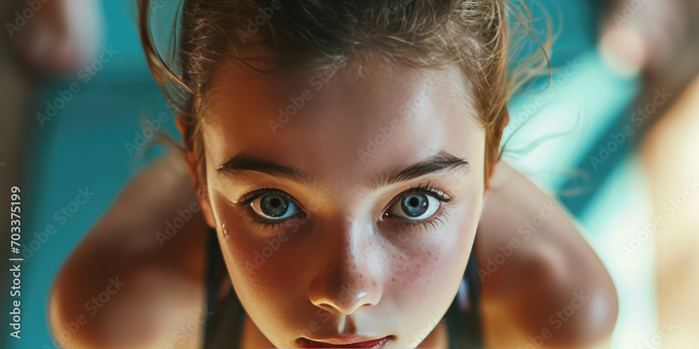 Wall mural Portrait of a young female athlete, cropped image. Professional sports gymnast, rhythmic gymnastics, sports clothes for training.