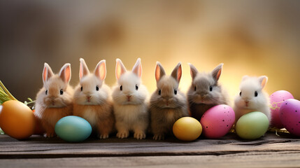 Six cute little Easter bunnies with painted Easter eggs on a wooden table and with copy space above their heads. Easter Background card for advertising and announcements with copy space..