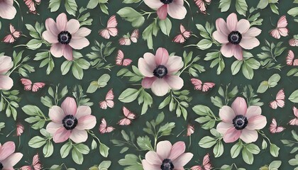pink anemone flowers butterflies green leaves floral background seamless pattern hand painted...