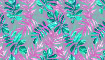 Fototapeta na wymiar shiny tropical leaves pastel colored in turquoise mint purple pink rose gold blue watercolor 3d illustration luxury wallpaper premium high quality seamless mural pattern digital art tattoos