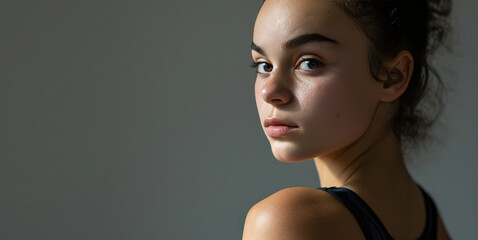 Portrait of a young female athlete isolated on flat grey background, cropped image. Professional sports gymnast, rhythmic gymnastics, sports clothes for training.