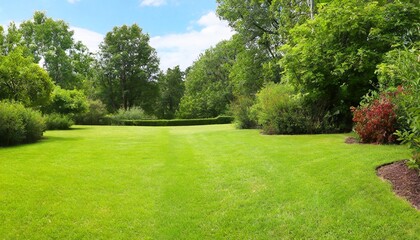 beautiful wide format image of a manicured country lawn surrounded by trees and shrubs on a bright summer day spring summer nature - obrazy, fototapety, plakaty