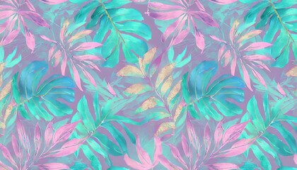 Fototapeta na wymiar shiny tropical leaves pastel colored in turquoise mint purple pink rose gold blue watercolor 3d illustration luxury wallpaper premium high quality seamless mural pattern digital art tattoos
