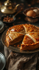 Delicious close up of a Galette de Rois, traditional french pastry eaten on 6th January. - obrazy, fototapety, plakaty