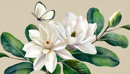 big white magnolia flowers on beige background green leaves beautiful tropical butterflies watercolour 3d illustration hand drawn digital paper luxury wallpaper premium mural cloth textile