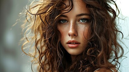 Naklejka premium Stunning European Female Model Curly Hairstyle, Background HD For Designer