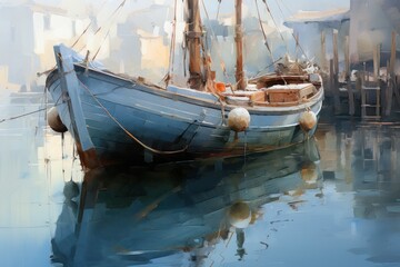 picture  fishing boats in the harbor ,draw