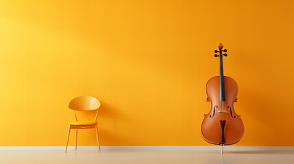 violin in a room, yellow vintage solid body electric guitar with red ribbon bows on fretboard. A...