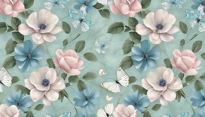 luxury wallpaper mural rose pink anemone flowers green vintage leaves white gypsophila blue butterflies seamless background tropical texture 3d hand painted illustration digital art poster - obrazy, fototapety, plakaty