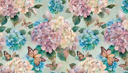 watercolor painting with hydrangea flowers bouquets butterflies seamless pattern luxury wallpaper...