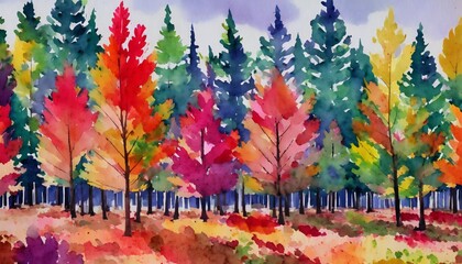 autumn forest landscape colorful watercolor painting of fall season red and yellow trees beautiful leaves pine trees minimal elegant flat scenery artistic natural scenery vintage pastel colors