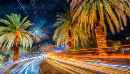arizona festive chaos decorative palms long exposures and holiday shopping commotion featuring ornaments and a car - obrazy, fototapety, plakaty