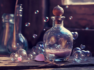 An enchanting scene featuring a vintage love potion bottle surrounded by heart-shaped bubbles. Magical atmosphere of love, heart shaped bubbles