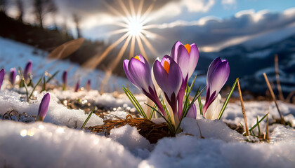 Crocus poking through the snow. Concept of spring coming.