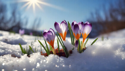 Crocus poking through the snow. Concept of spring coming. - obrazy, fototapety, plakaty