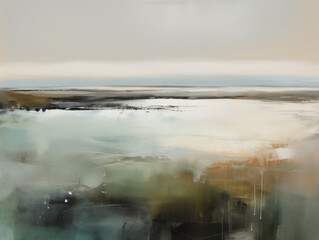 Modern abstract vintage ocean painting, diffused and neutral tones, hazy horizon
