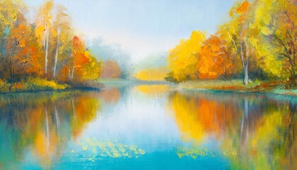 abstract oil painting autumn landscape forest and pond impressionist art hazy fall morning - obrazy, fototapety, plakaty