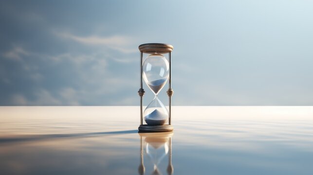  an hourglass sitting in the middle of a body of water with a cloudy blue sky in the back ground.