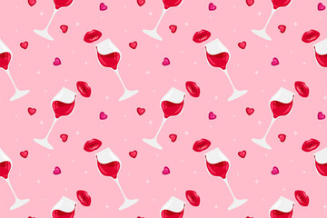 Love, romance seamless pattern with sexy gloss lips, wine glass, heart shaped candy and stars. Valentines day celebration concept pink background design