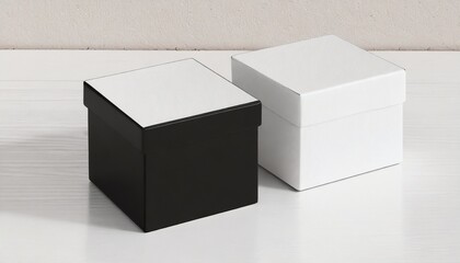 two square black boxes mockup with white wrapping paper on white table 3d rendering