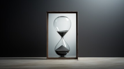  a black and white photo of an hourglass in a wooden frame on a gray surface with a black background.
