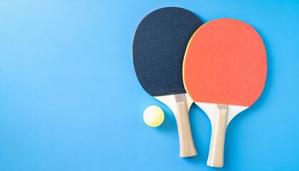 two table tennis or ping pong paddles or rackets with table tennis ball on blue table background flat lay top view from above with copy space