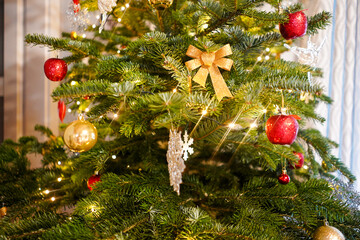 Christmas tree with colorful christmas baubles. Christmas decorations.