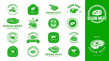 Logo mega collection. Vegetarian meat Premium logo. Plant based meat logo. Vegan steak with leaf vector design. Vegan meat made from plants. - obrazy, fototapety, plakaty