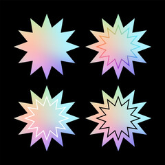 Holographic stickers. Set of hologram tag labels, iridescent foil badge stickers star shape with plain, overlay, white and black border line. Sticker mockup template. Vector illustration.
