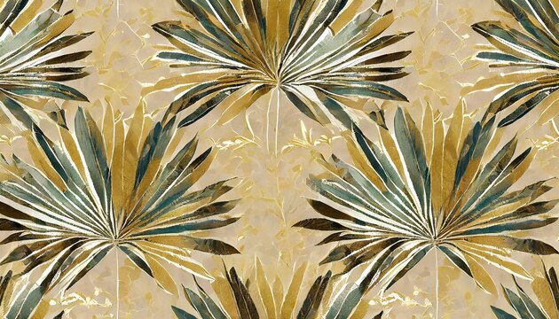 palm leaves illustration in gold wallpaper texture natural beige colors 3d design seamless pattern abstract background mural ceiling watercolor effect digital art fabric printing textile