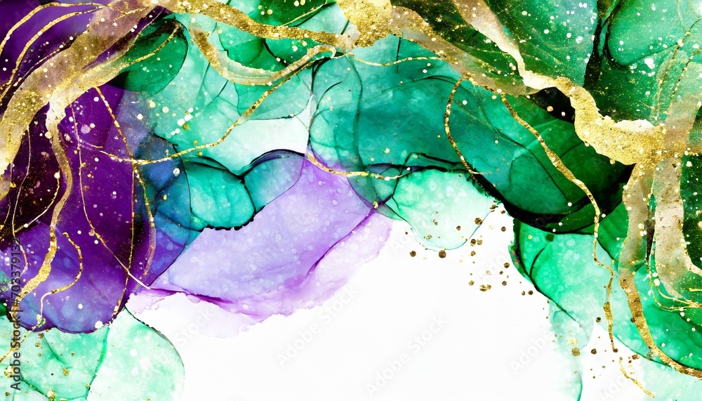 Canvas Prints alcohol ink background with gold texture green and purple watercolour painting white bottom for copy space hand drawn art fluid illustration design wallpaper for print