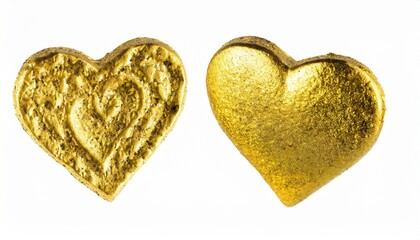 Fototapeta premium two gold hearts of different sizes of uneven shape isolated on