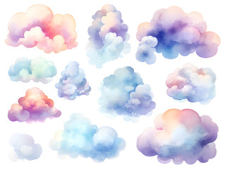 Colorful clouds isolated on white background watercolor  collection