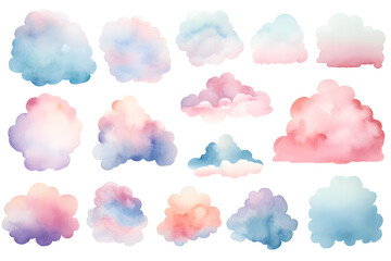 Colorful clouds isolated on white background watercolor  collection
