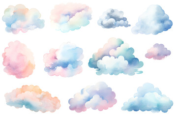 Colorful clouds isolated on white background watercolor  collection