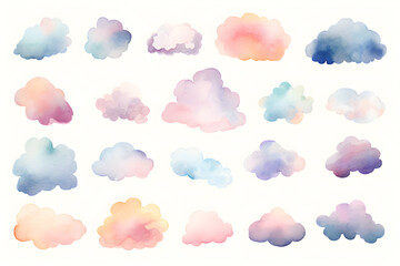 Colorful clouds isolated on white background watercolor  collection